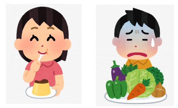 Image of a kid eating sweets and other eating vegetables.