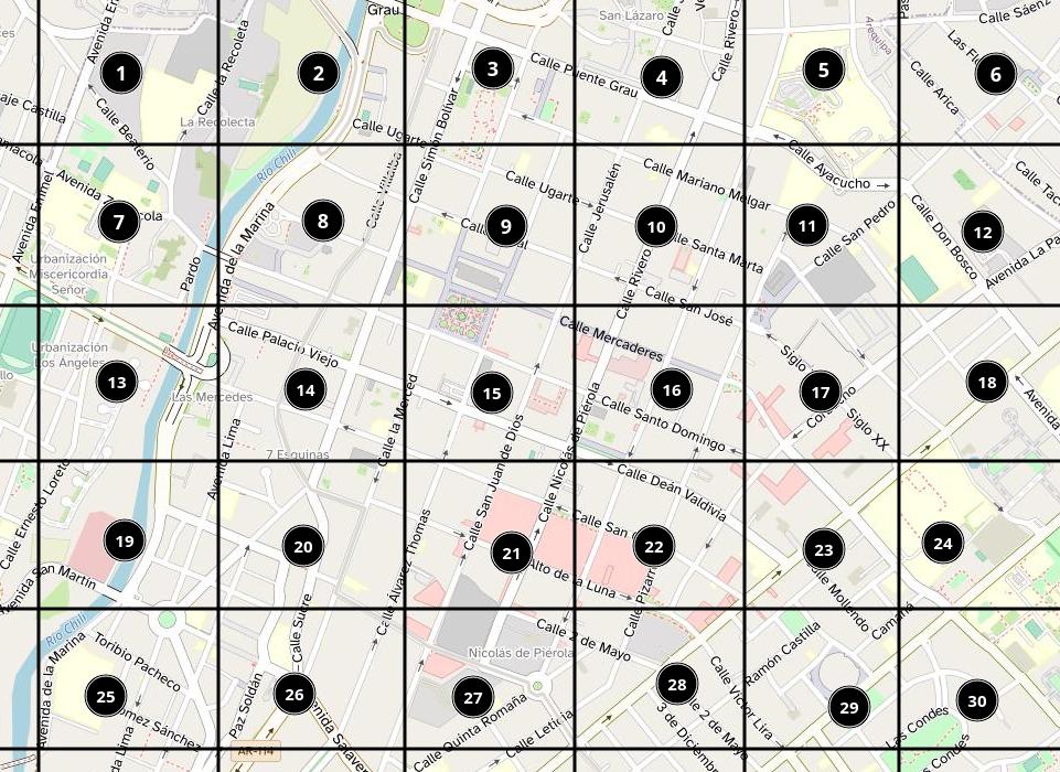 Mapa del centro de Arequipa con divisiones para los tiles